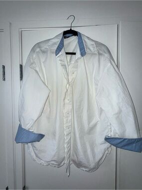 White Women’s Button-Up Shirt with Light Blue Trim
